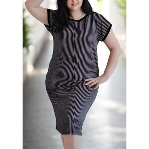 Acemi Womens Medium Short‎ Sleeve Black And White Stripe Long Tee Shirt Dress